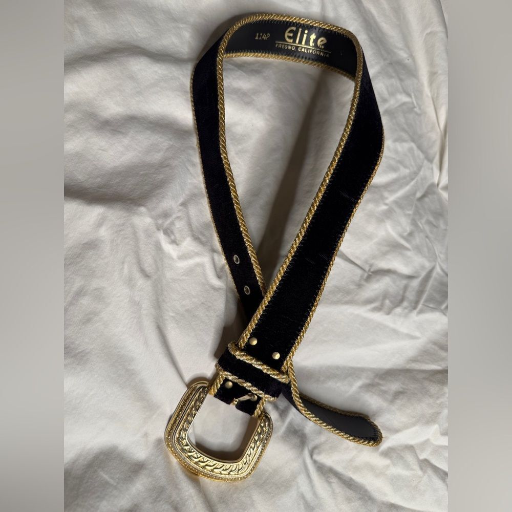 1980s Vintage Gold and Black Statement Buckle Elite Fresno, California Belt